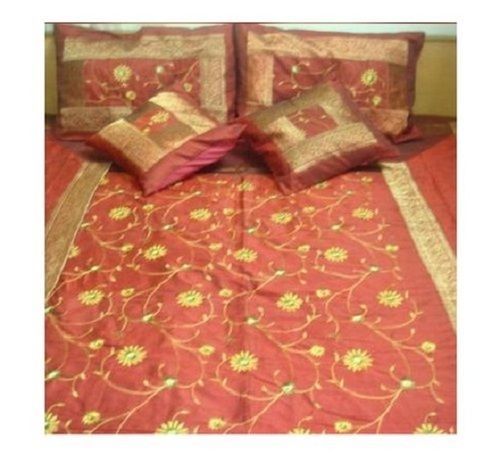Red Embroidery Work Pure Silk King Size Bed Covers For Double Bed With Four Silk Pillow Covers, 90x108 Inch