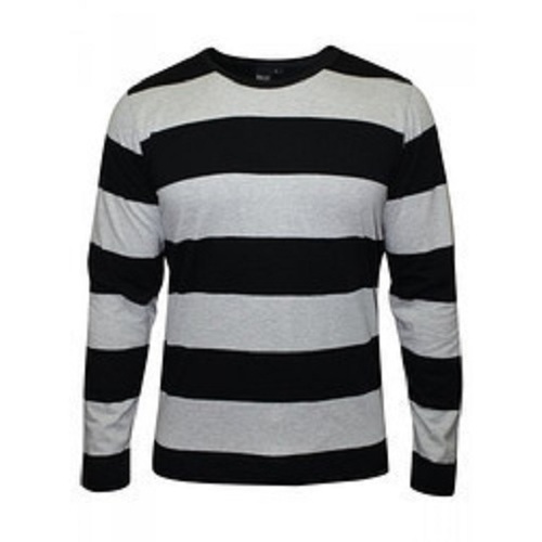 ब्लैक एंड व्हाइट कैज़ुअल मेन्स राउंड-नेकलाइन फुल स्लीव्स स्ट्राइप्ड प्योर कॉटन टी-शर्ट आयु समूह: वयस्क
