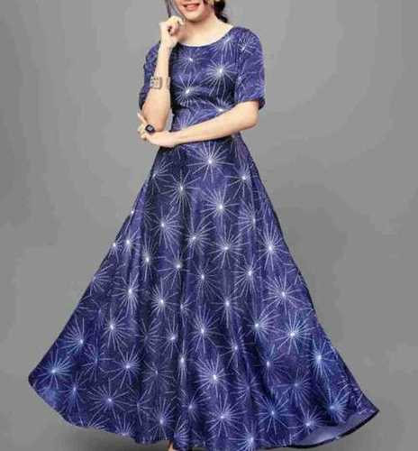 Washable Blue Color Long Length Short Sleeves Kurti Style Dress For Women