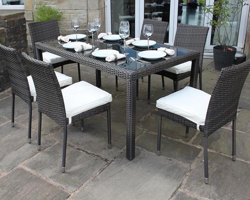 Garden Rattan Dining Set For Outdoor With 6 Chair, Glass Table Top And Cushion