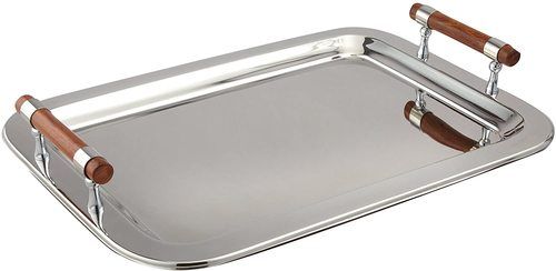 Stainless Steel Round Decorative Serving Tray with Handles, 18" x 12"