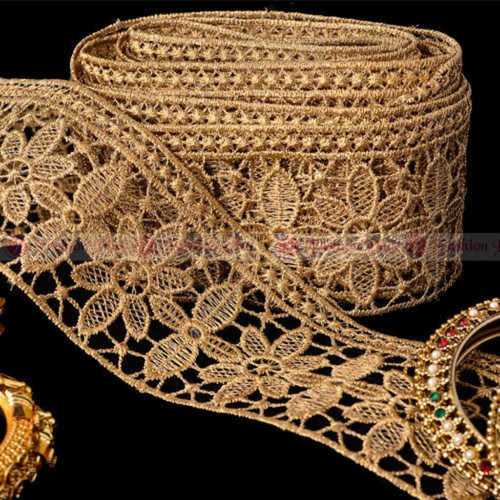 Machine Made Cotton Polyester Fabric Embroidered Golden Fancy Lace Size: As Per Customer