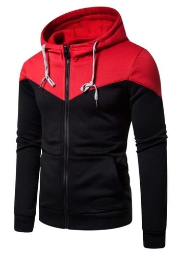 Anti Wrinkle Red And Black Color Mens Hoodie For Winter With Normal Wash And Regular Wear