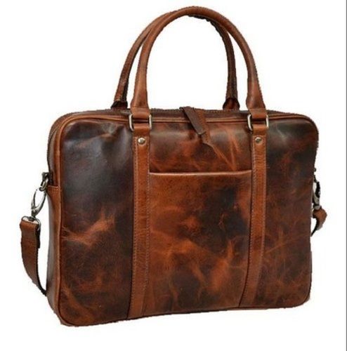 Light Weight, Plain And Brown Leather Laptop Bag With Zipper Closure Style