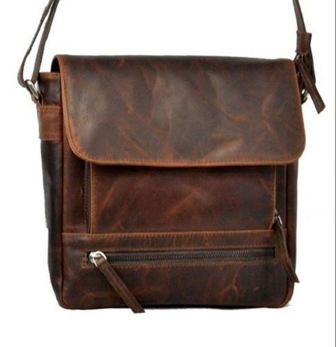 Plain And Brown Men Leather Messenger Bag With Adjustable Type Shoulder