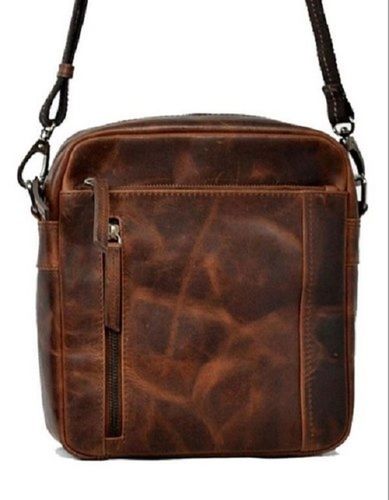 Plain Very Spacious, Brown Leather Messenger Bag With Canvas Carrying Handle For Men