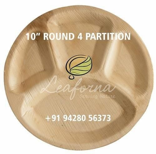 Disposable 10 Inch Round Natural Areca Leaf 4 CP Partition Food Dinner Plates