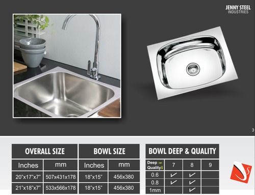 Stainless Steel Single Bowl Kitchen Sink With Dimension 20x17x7 Inch And Silver Finish