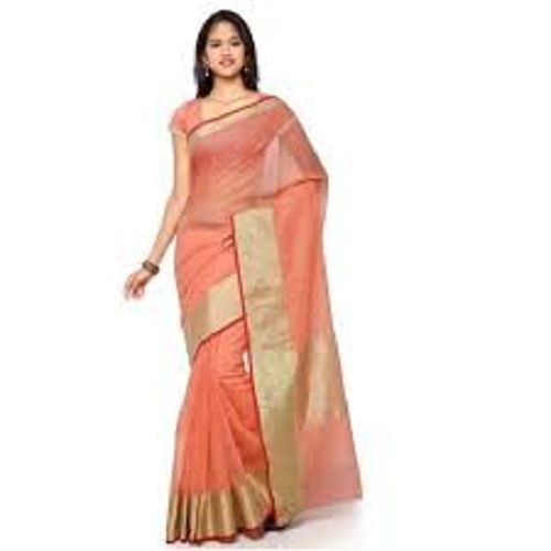 Daily Wear Attractive Look Colorfastness Orange Cotton Silk Ladies Sarees With Golden Border