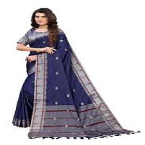 Daily Wear Light Weight Breathable Texture Dark Blue Cotton Silk Linen Ladies Saree