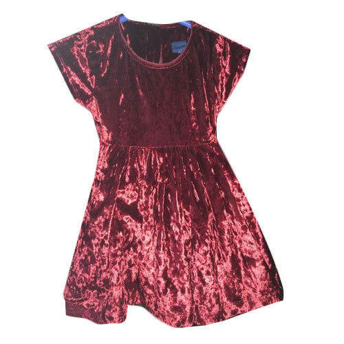 Girls Maroon Skin Friendly Round-neck Cap Sleeves Velvet Plain Frock