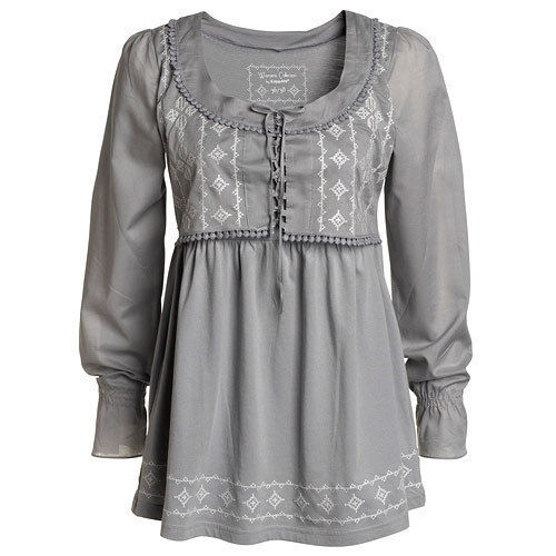 Summer Ladies Gray Round-Neck Full Sleeves Embroidered Cotton Casual Top