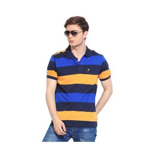 Mens Multi Colors Regular Fit Polo-Neck Half Sleeves Striped Cotton T-Shirts Age Group: Adults