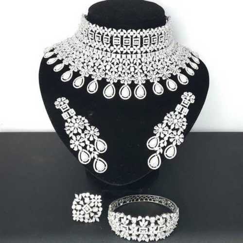 Silver Colour Imitation Necklace Set Include Earrings, Ring, Bracelet Gender: Women