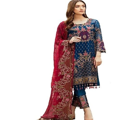 Blue Color Designer Printed Ladies Suit With Red Dupatta for Party Wear