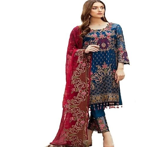 Blue Color Designer Printed Ladies Suit With Red Dupatta For Party Wear Decoration Material: Stones