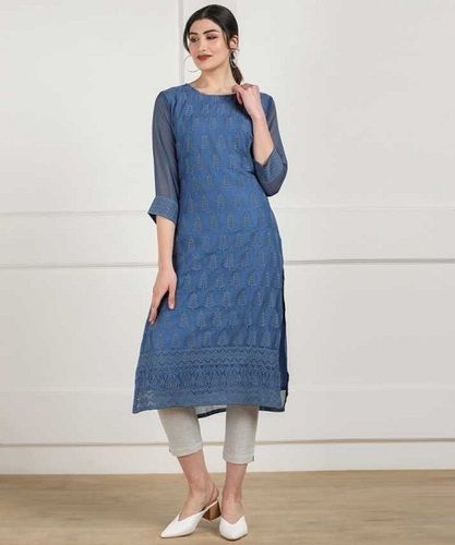 Blue Color Fully Embroidered Pure Chiffon Ladies Kurti( M, L, Xl Size) Decoration Material: Paint