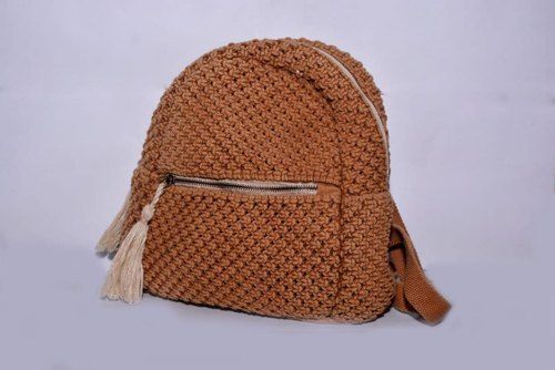 Brown Handmade Ladies Cotton Thread Bag With Zipper Closure Style For Casual Wear