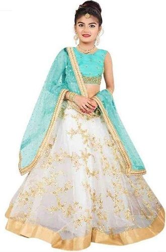  Girls Net And Satin Semi-Stitched Lehenga Choli With Embroidery Work For Party Wear Decoration Material: Beads