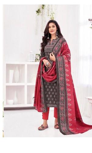 Breathable Beautifully Designed Grey And Red Colour Cotton Salwar Suit With Exemplary Grid Design