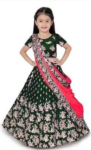 Green Color Silk Embroidered Stone Work Lehenga Choli With Pink Color Dupatta For Girls