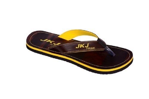 Spring Mens Brown And Yellow Daily Wear Flip-Flop Printed Rexin Flat Slipper 