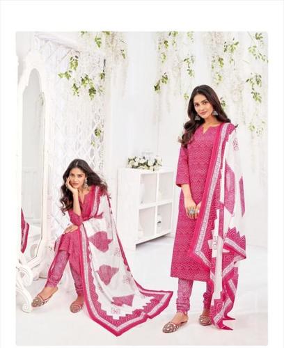 Pink Printed Pattern Cotton Salwar Suit With Full Sleeves And White Colour Shawl