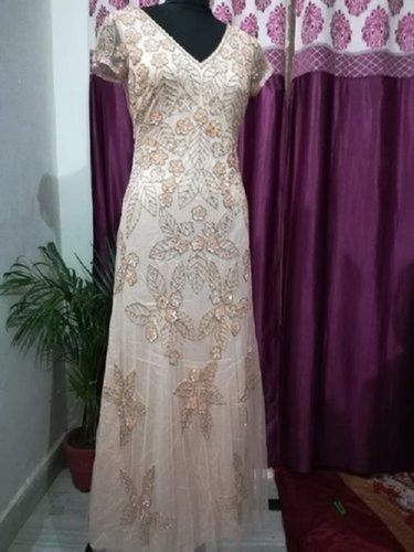 White Cream, Short Sleeve Net Fabric Beaded Designer Ladies Dress For Party Wear