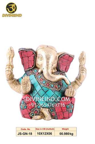 Multicolor Js-Gn-018 Handmade Four-Armed Appu Ganesha Brass Statue With Stone Work