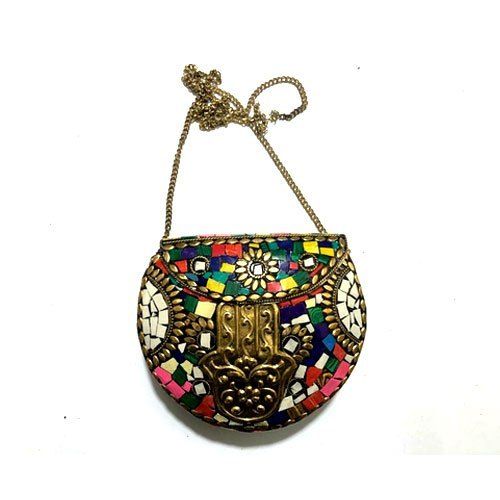 Polyester Inner Beaded Shell Metal Purse With Flap Press Button Closure And Chain Straps
