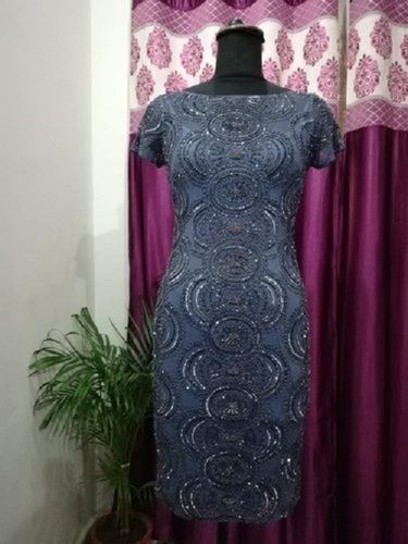 Grey Round Neck, Grey, Short Sleeve Beaded Ladies Designer Dress For Party Wear