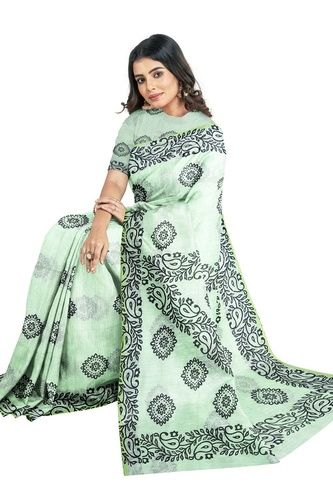 Casual Festive Handloom Printed Pale Green Cotton Silk Saree With Blouse Piece