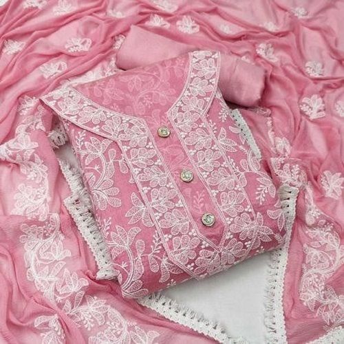 Pink Color Thread Work Casual Wear Unstitched Ladies Suit With Soft Dupatta