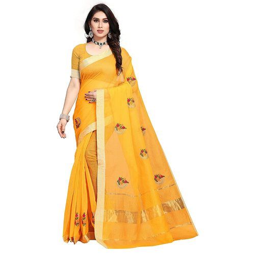 Ladies Kota Doria Cotton Embroidered Sarees With Unstitched Blouse Piece