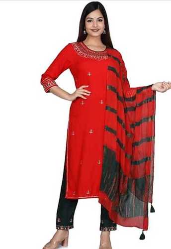 Indian Casual Wear, Plain, Red Color, Full Sleeves, Ladies Kurta With Palazzo