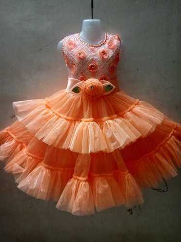 Designer Orange Flexible Style Soft Satin And Skin Friendly Baby Frock Age Group: 2-4