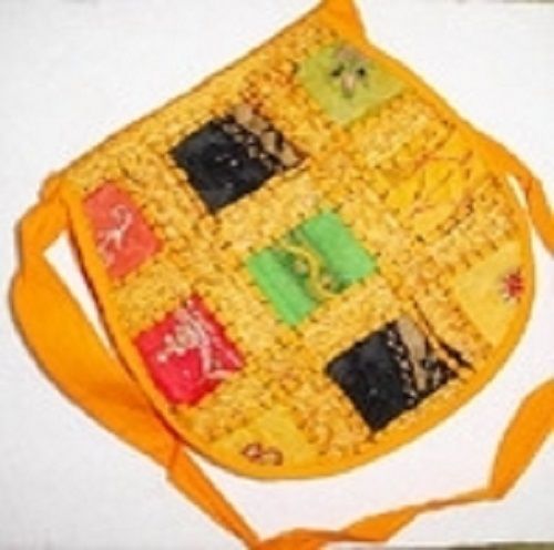 Yellow Very Spacious, Designer Cotton Shoulder Bag With Embroidery And Zipper Closure