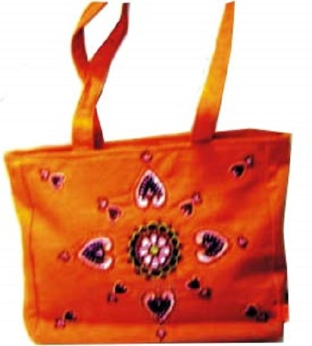 Orange Very Spacious And Light Weight, Designer Canvas Beaded Bag With Zipper Closure