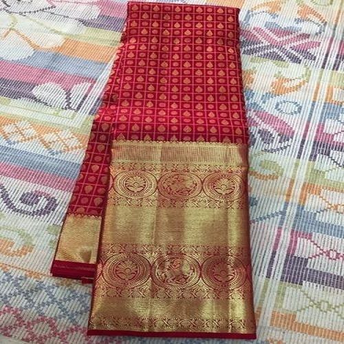 Knitted Cotton Silk Party Wear Stone Work Red Golden Fancy Designer Saree