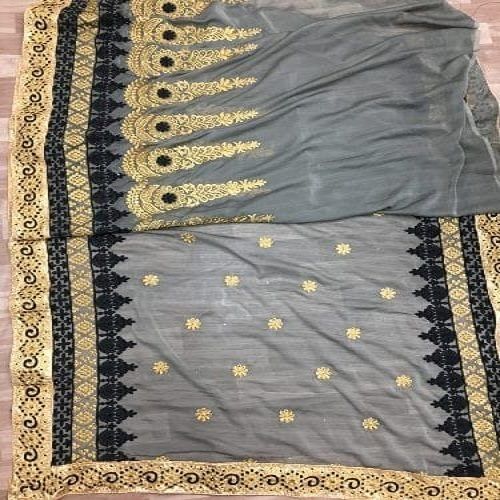 Rainy Cotton Silk Stone Work Party Wear Gray And Golden Printed Fancy Sarees