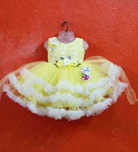 Fancy Designer Printed Party Wear Sleeveless Yellow Baby Frock
