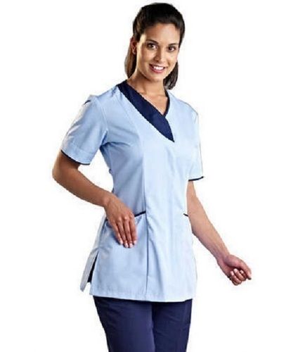 Blue Poly Cotton And Cotton Plain Comfortable V Neck Half Sleeve Hospital Nurse Uniform For Ladies