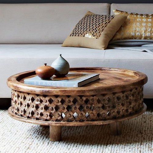 Round Shape Modern Polished Finish Solid Wood Coffee Table for Restaurant