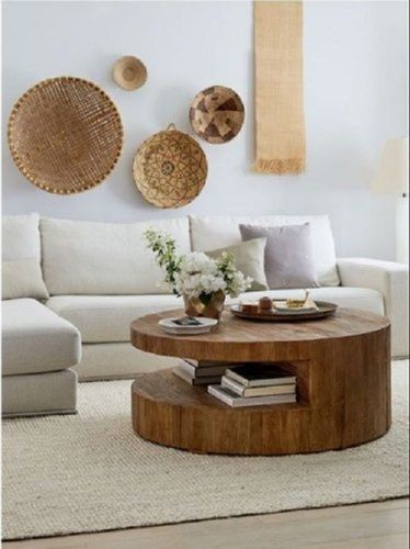 Round Shape Solid Wood Coffee Table With Storage For Restaurant No Assembly Required