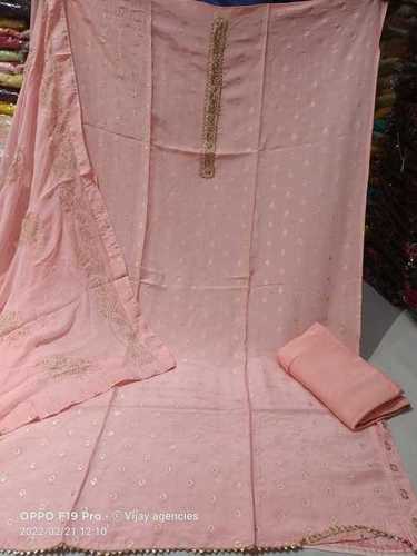 Pink Shrink Resistance Skin Friendliness Ladies Salwar Suit With Santon Salwar Chiffon Dupatta