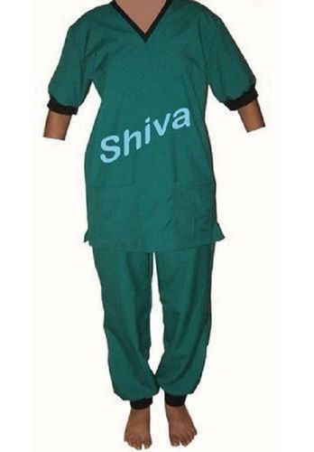 Skin Friendly And Adjustable Poly Cotton and Cotton Half Sleeve Green Plain Hospital Dress For Ladies