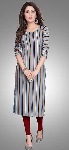 Indian Women Casual Wear Striped Crepe Straight Short Sleeves Grey Kurta