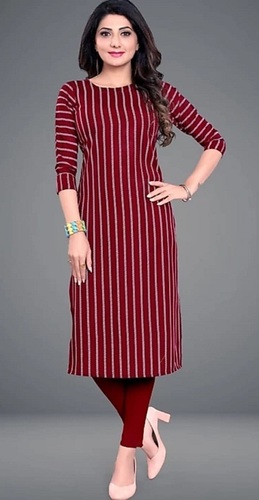 Cotton Silk Straight Kurta - Size M, Maroon Color with Striped Pattern | Breathable, Washable for Ultimate Summer Comfort