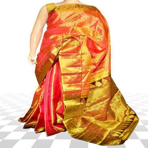 Rainy Women'S Silk Party Wear Stone Work Golden And Pink Printed Sarees