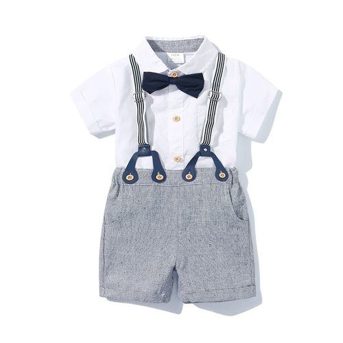 Grey And White Baby Boys Gentleman Outfits Suits With Infant Short Sleeve Shirt